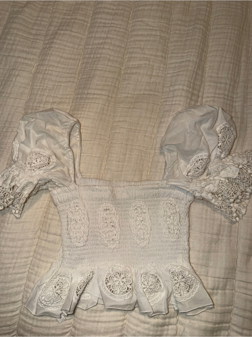 Charo Ruiz White Smocked Lace-Paneled Crop Top Small